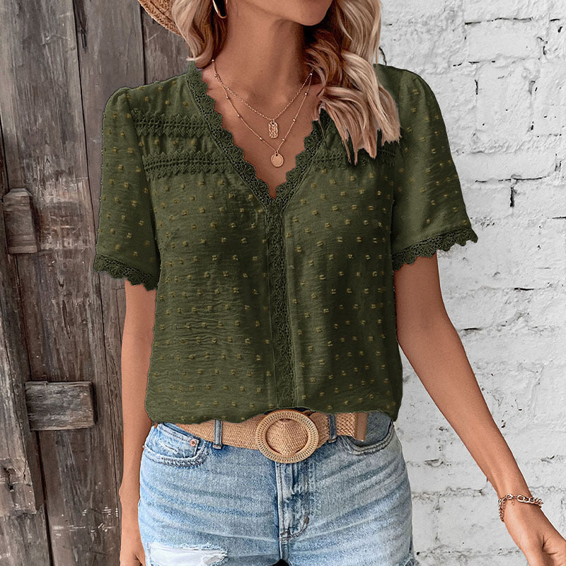 Women's Blouse with Delicate Lace Accents and Modern V-Neck