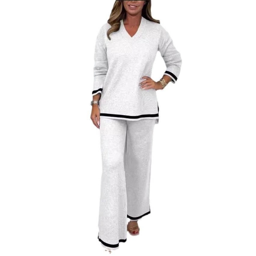 Women's Casual Knit Set with Wide Cut and Elegant Contrasts