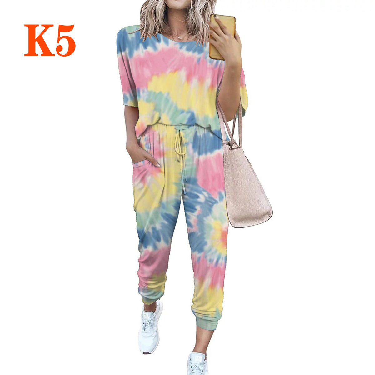 Women's Lightweight Casual Jumpsuit with Tie-Dye Pattern and Pockets