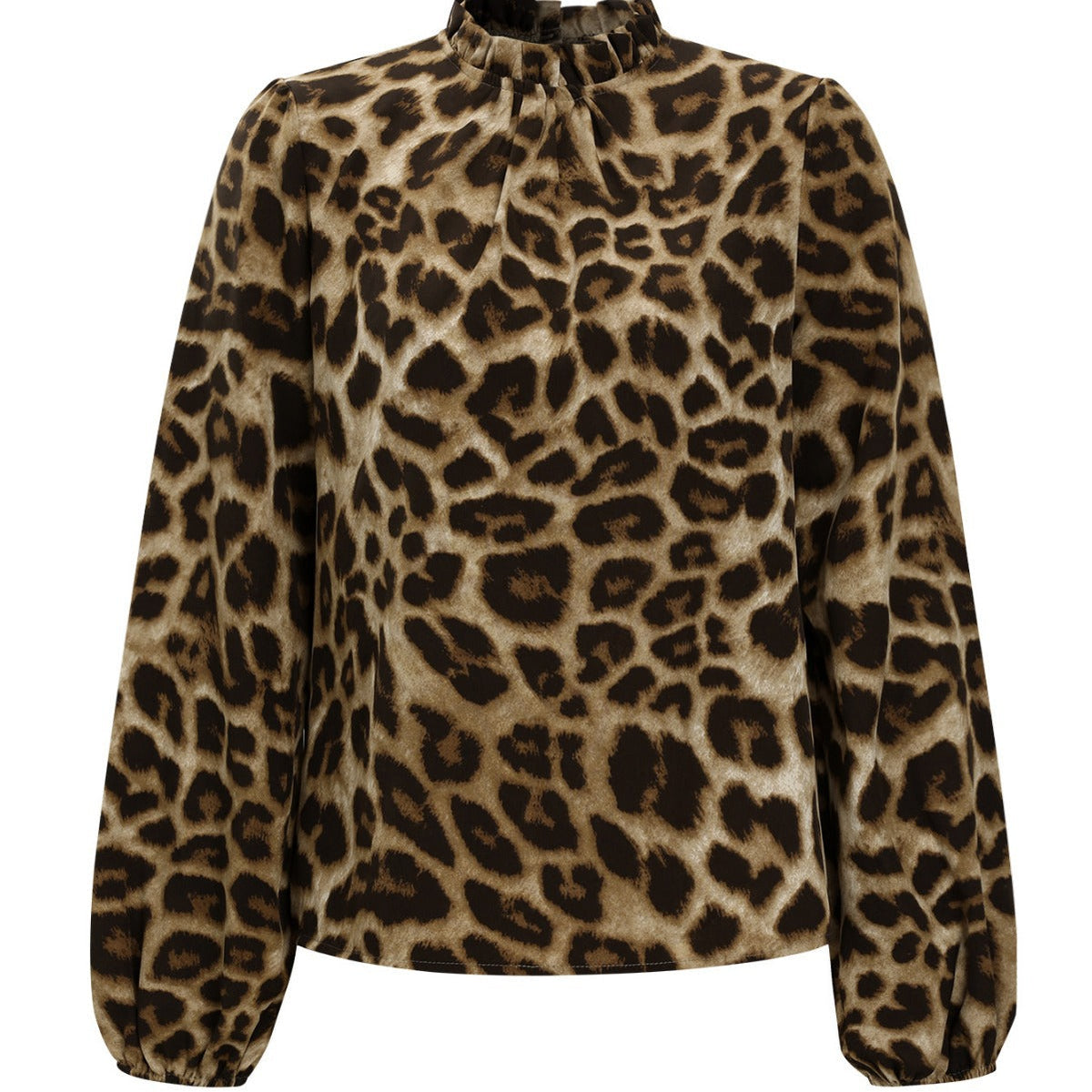 Women's Blouse with Elegant Leopard Print and Ruffle Collar