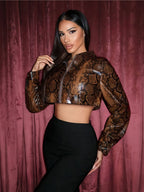 Women's Cropped Faux Leather Jacket with Snake Print