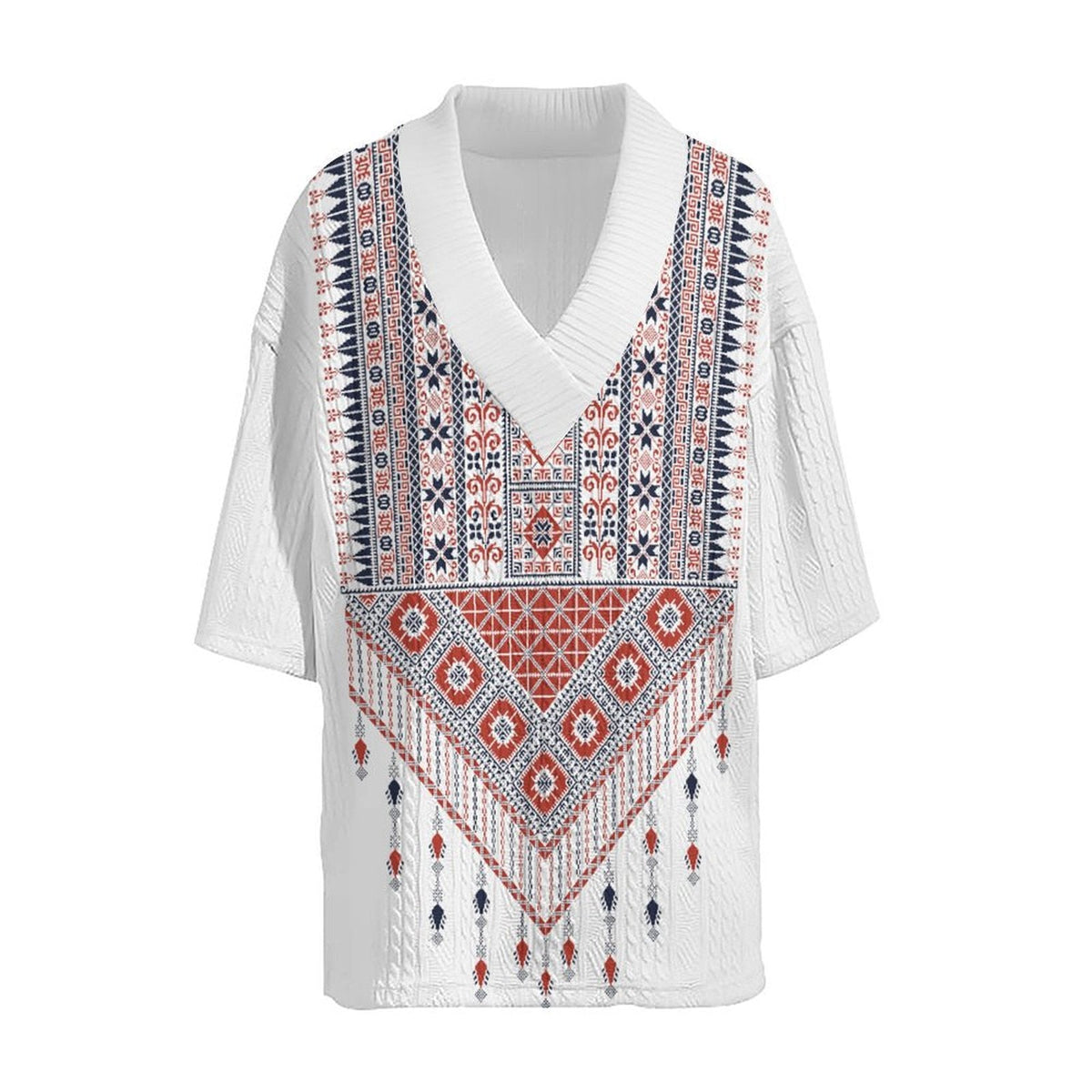 Women's Short-Sleeve Ethnic-Style V-Neck Shirt with Decorative Pattern