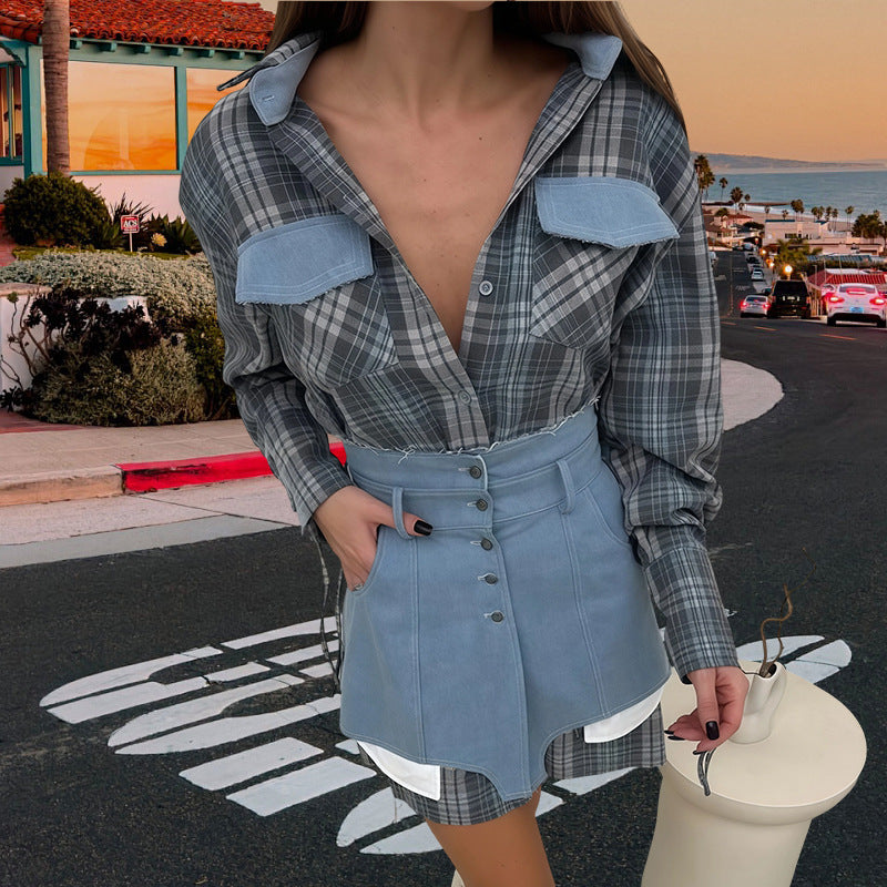 Women's Plaid Blouse with Denim Skirt