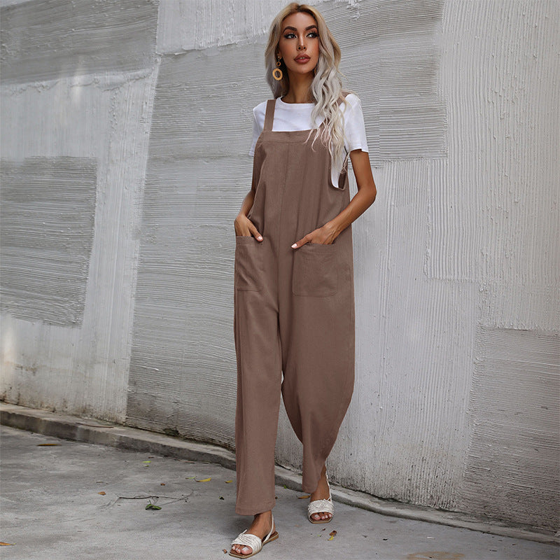 Women's Casual Jumpsuit with Pockets and Adjustable Straps