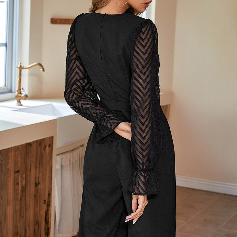 Women's Elegant Jumpsuit with Sheer Sleeves and Knee-Length Cut