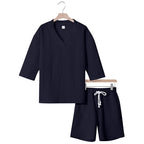 Unisex Casual Lounge Set with V-Neck Top and Drawstring Shorts