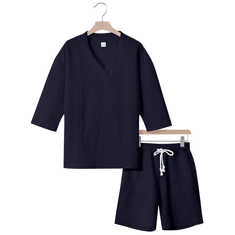 Unisex Casual Lounge Set with V-Neck Top and Drawstring Shorts