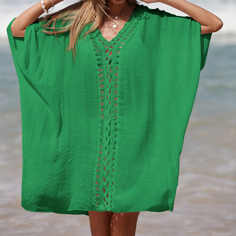 Women's Elegant Beach Poncho with Crochet Accents and Deep V-Neck