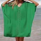 Women's Elegant Beach Poncho with Crochet Accents and Deep V-Neck
