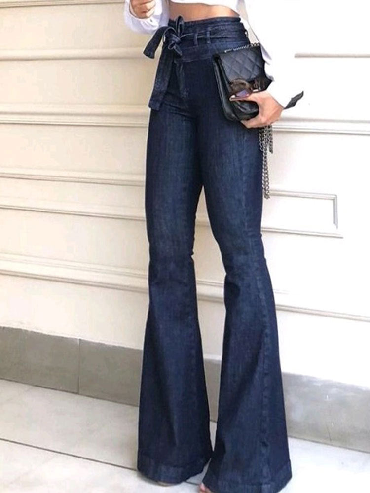 Women's Elegant Bootcut Jeans with High Waist and Belt