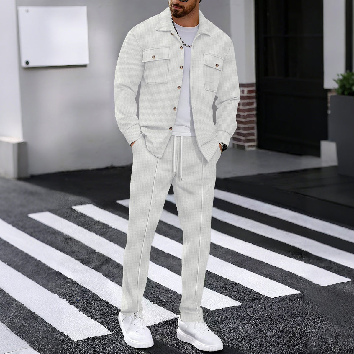 Men's Waffle Structure Shirt Jacket and Relax Pants Set