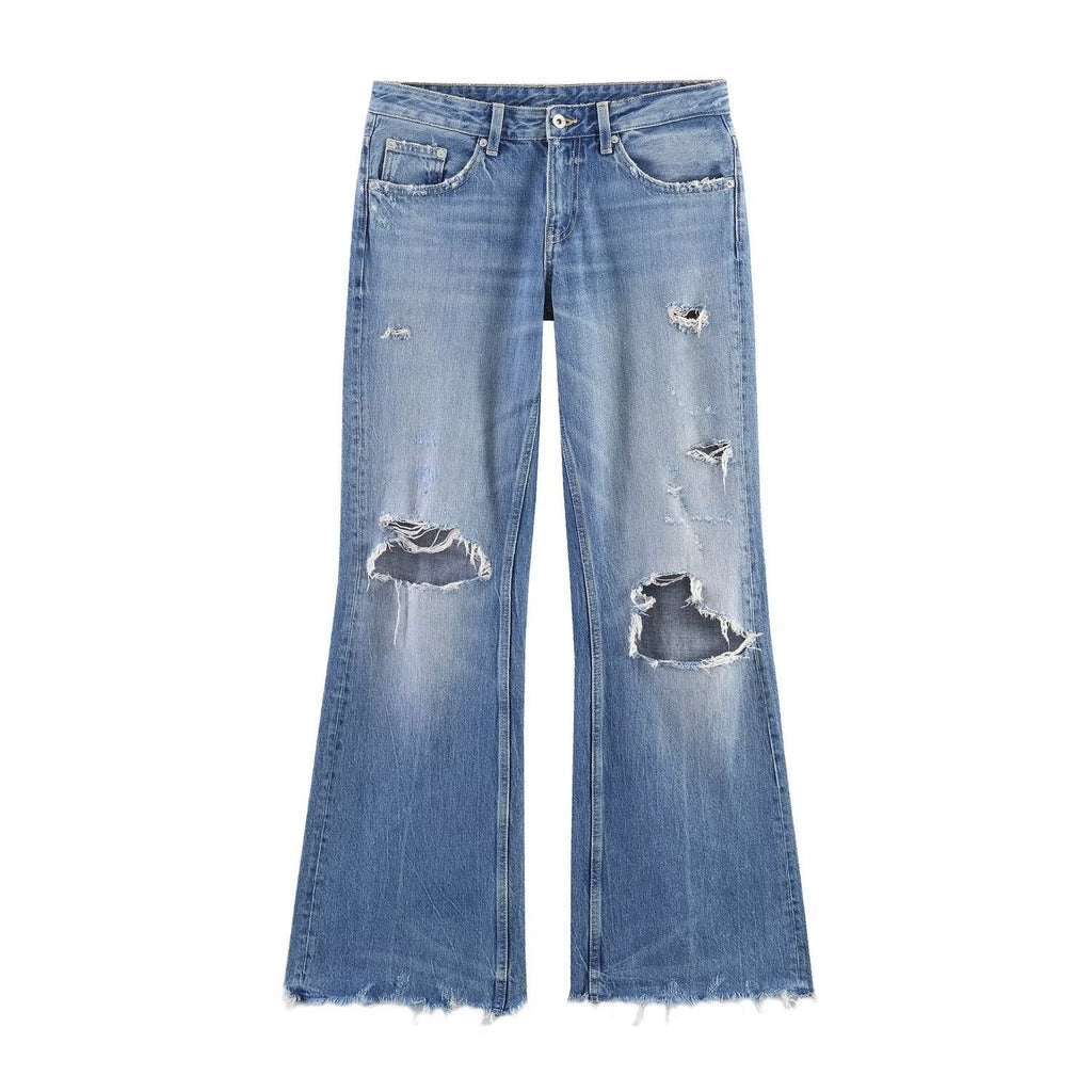 Women's Flared Jeans with Distressed Effects and Frayed Hems