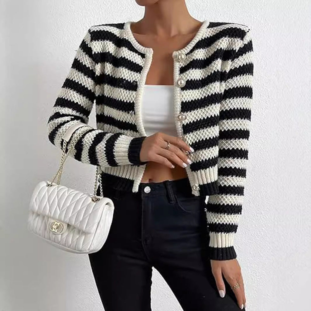 Women's Striped Cardigan with Decorative Buttons