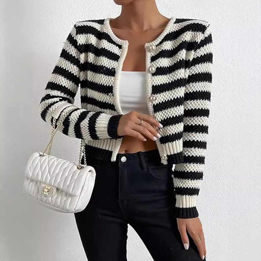 Women's Striped Cardigan with Decorative Buttons