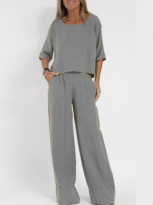 Women's Casual Linen Suit Set with Wide-Leg Pants and Cropped Top