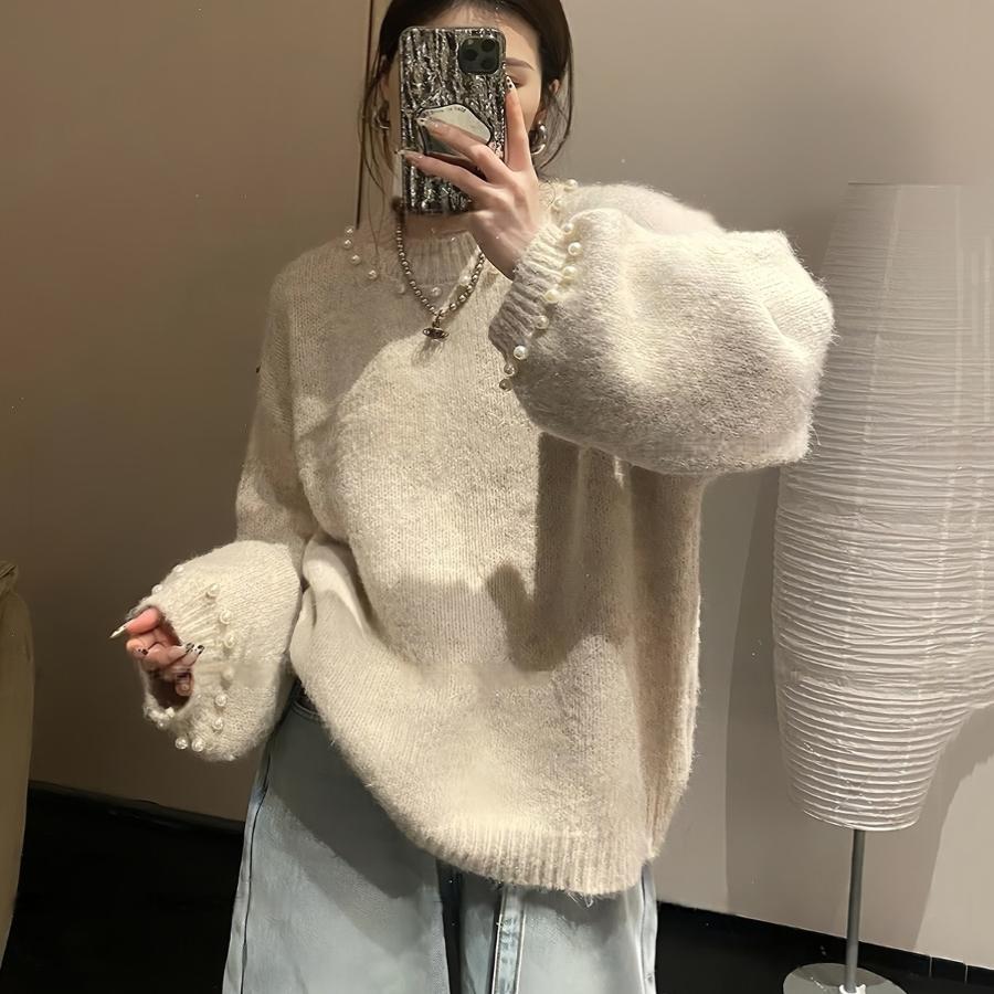 Elegant Sweater with Pearl Design and Relaxed Fit