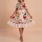 Women's A-Line Dress with Floral Motifs and Adjustable Belt