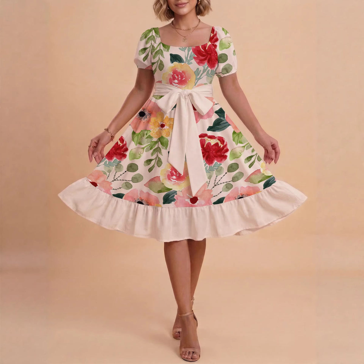 Women's A-Line Dress with Floral Motifs and Adjustable Belt