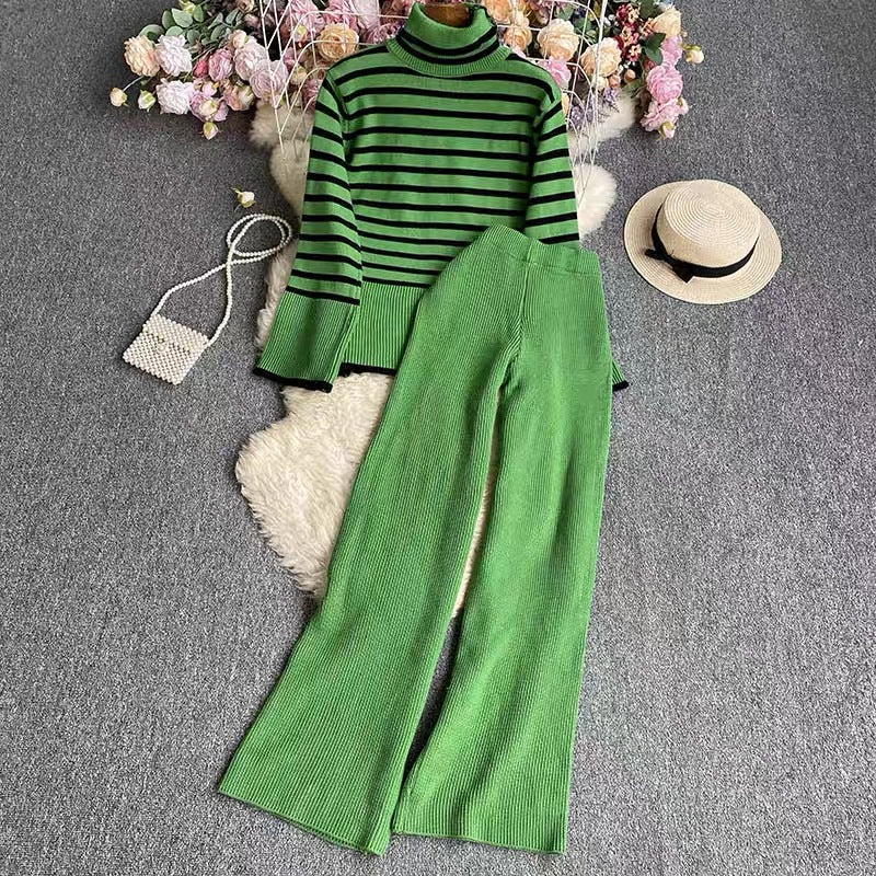 Women's Elegant Striped Knit Ensemble with High Collar and Wide Leg