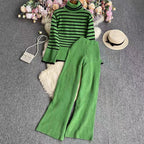 Women's Elegant Striped Knit Ensemble with High Collar and Wide Leg