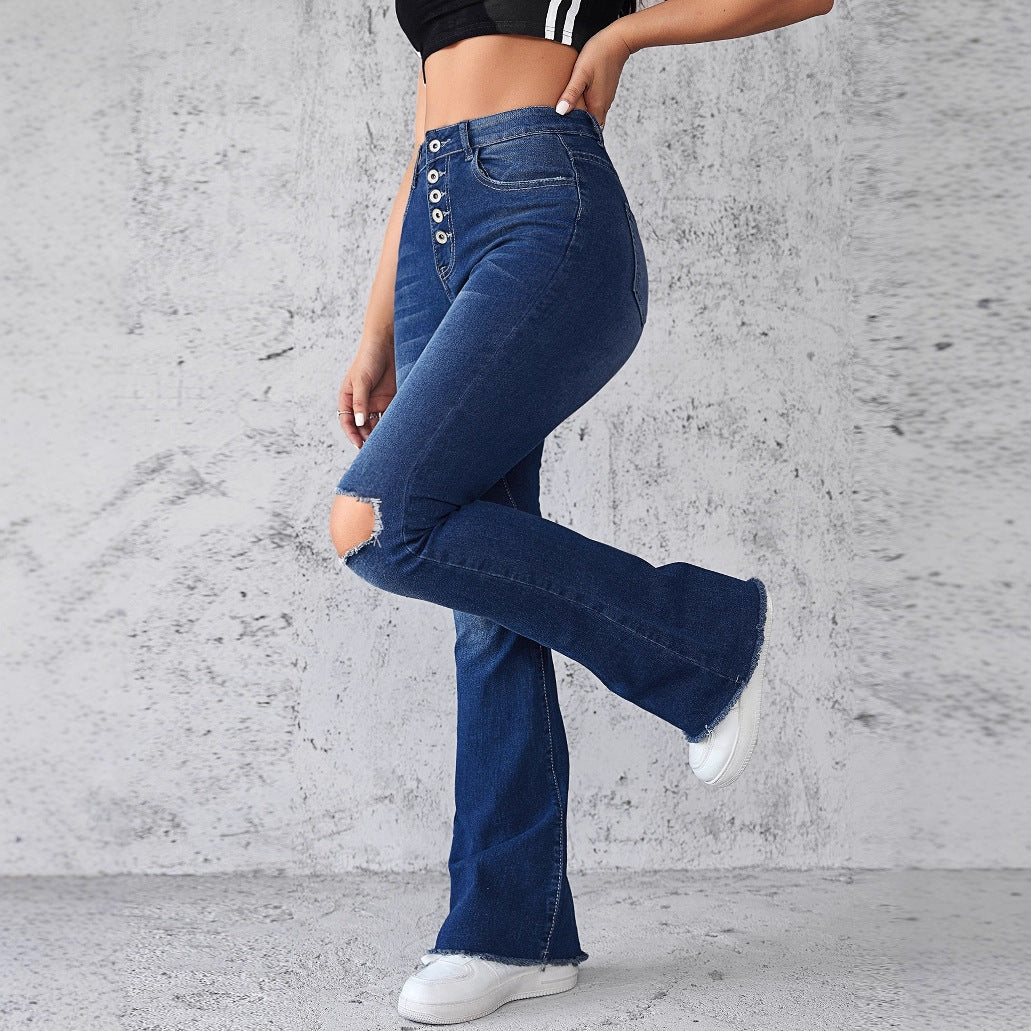 Women's High-Waisted Flared Jeans with Ripped Details