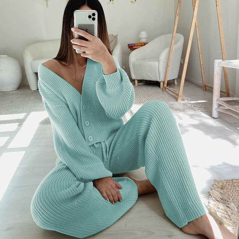Women's Knit Loungewear Set with Buttons and Drawstring