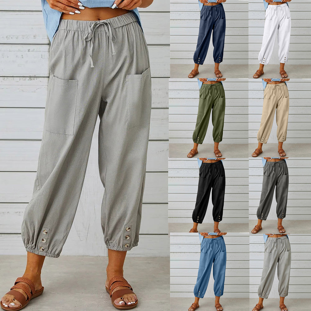 Women's Comfortable Casual Pants with Side Pockets and Cuffs