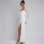 Women's Elegant Maxi Dress with Transparent Lace Surface and Side Slit