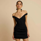 Elegant Off-Shoulder Mini Dress with Deep V-Neck and Gathered Hem