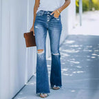 Women's High-Waisted Flared Jeans with Distressed Details