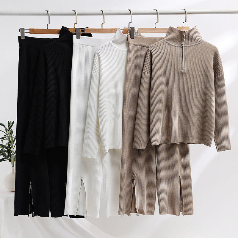 Casual Knit Ensemble with High Collar and Side Slits