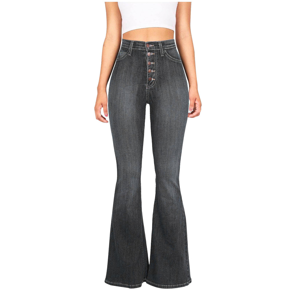 Women's High-Waisted Flared Jeans with Decorative Button Placket