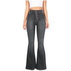 Women's High-Waisted Flared Jeans with Decorative Button Placket
