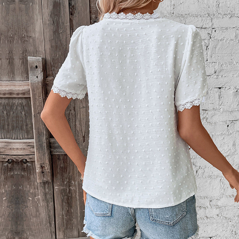 Women's Short-Sleeve Blouse with Lace Trim