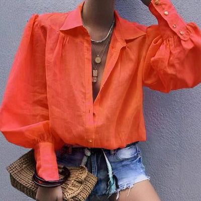 Women's Blouse with Voluminous Sleeves and Elegant Collar