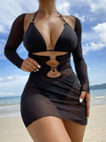 Women's Swimsuit Dress with Refined Cut-Outs and Long Sleeves