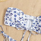 Women's Bandeau Bikini with Floral Details and Adjustable Straps