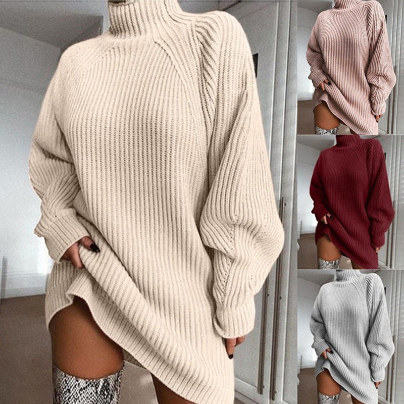 Women's Chunky Knit Sweater with High Collar and Asymmetrical Hem