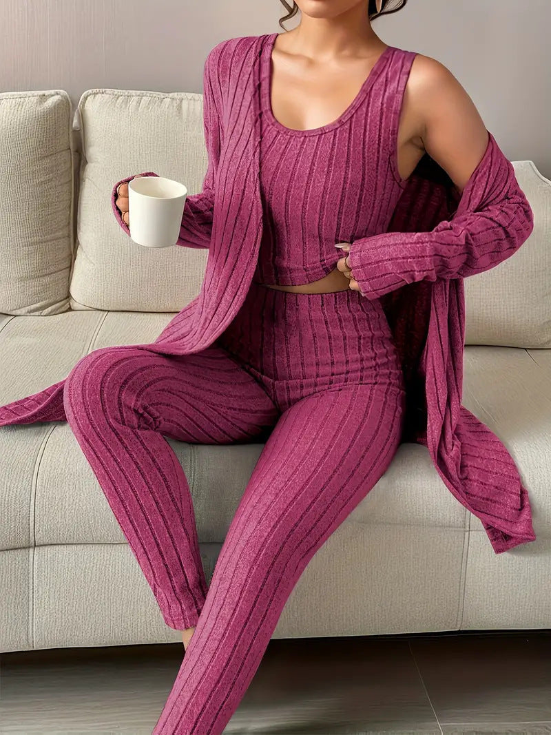 Women's Ribbed Lounge Set with Cropped Top, High-Waist Leggings and Long Cardigan