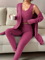 Women's Ribbed Lounge Set with Cropped Top, High-Waist Leggings and Long Cardigan