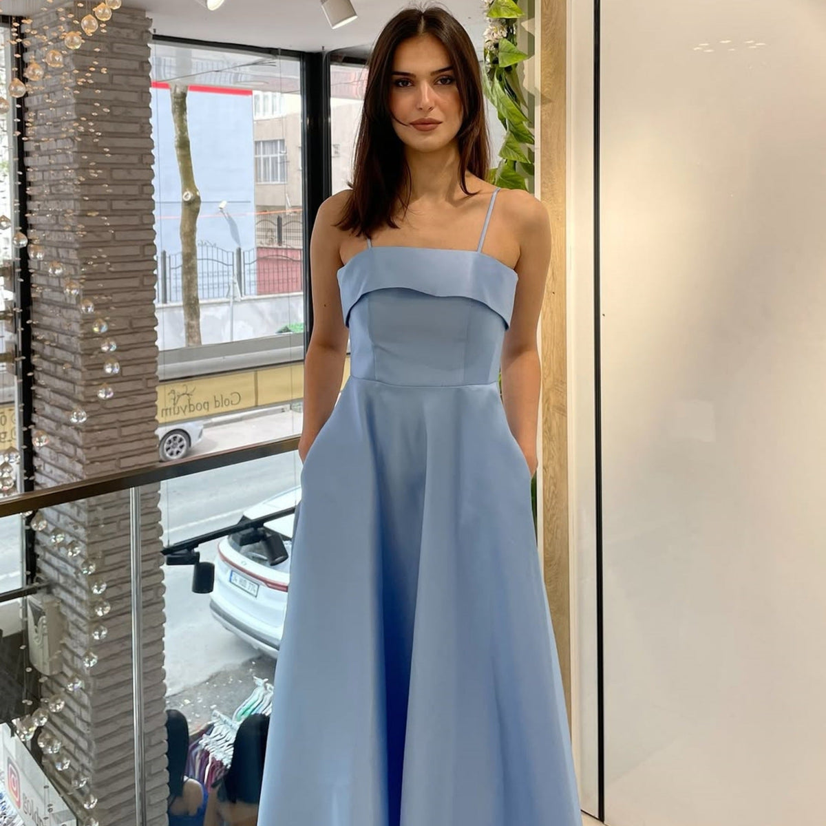 Women's Evening Dress with Fine Spaghetti Straps and Flowing Skirt
