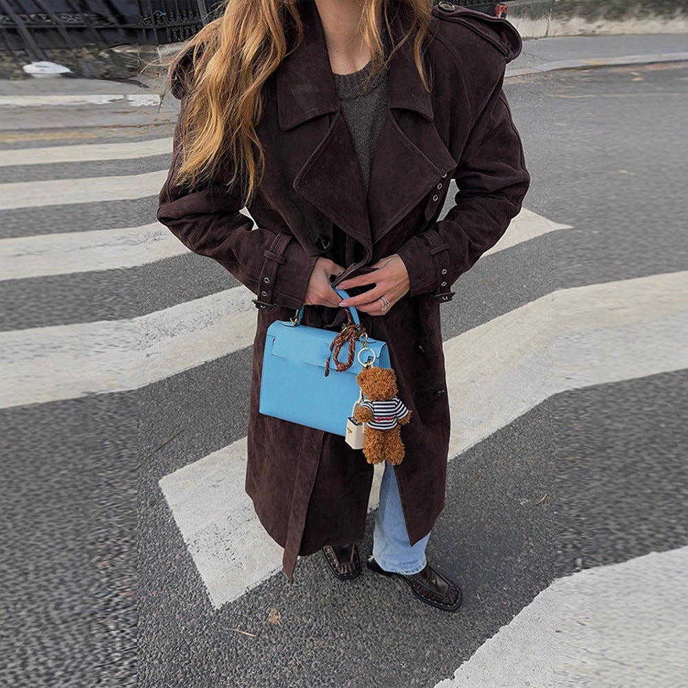 Women's Long Faux Suede Trench Coat with Fashionable Details