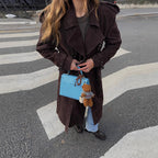 Women's Long Faux Suede Trench Coat with Fashionable Details