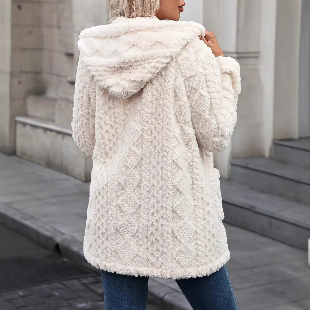 Women's Soft Plush Jacket with Hood and Pockets