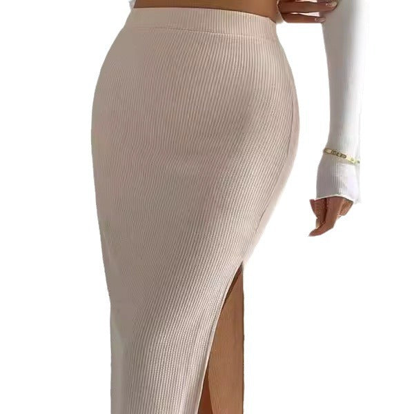 Women's Midi Skirt with High Slit and Ribbed Texture