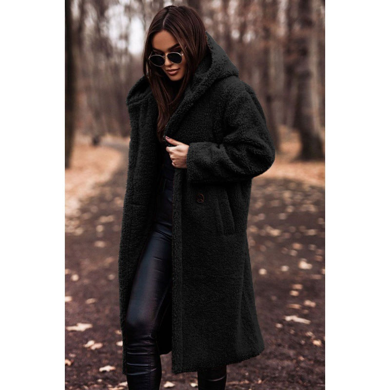 Women's Fluffy Teddy Coat with Hood and Button Detail