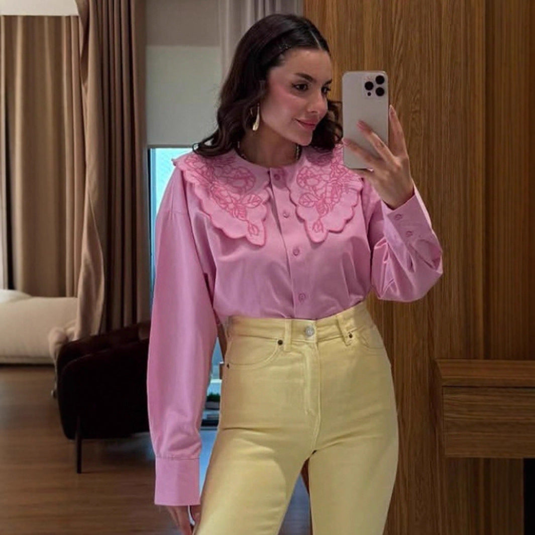Women's Elegant Floral Embroidered Button-Down Blouse