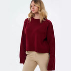 Women's Cozy Cropped Sweater with Relaxed Balloon Sleeves and Ribbed Texture
