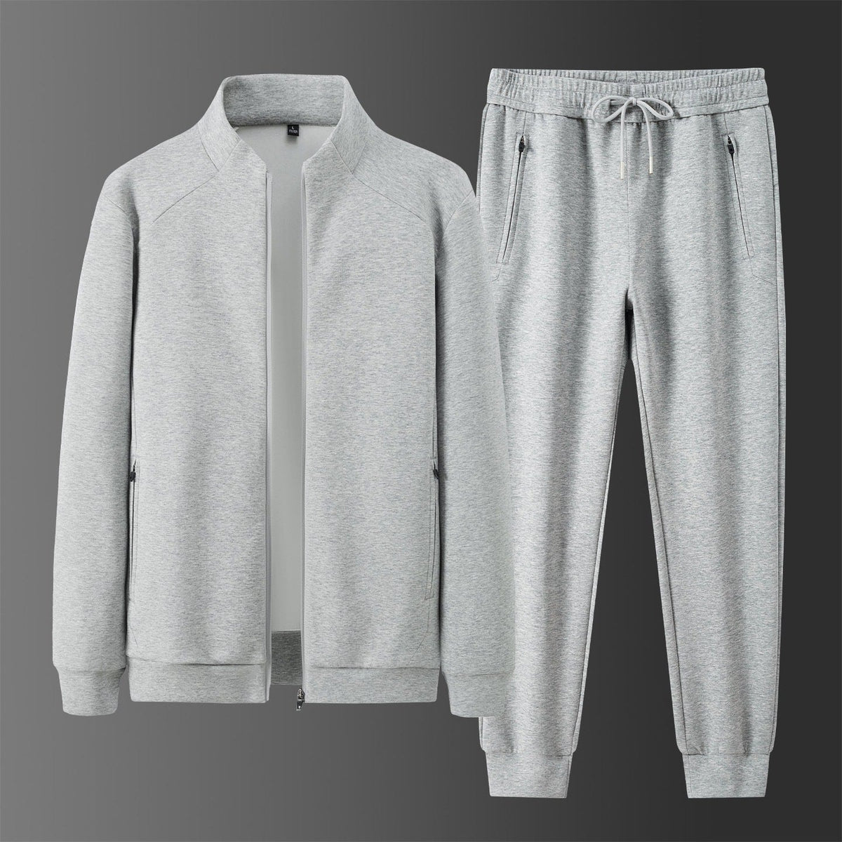 Men's two-piece minimalist jogging set with stand-up collar, two-way zipper & zip pockets