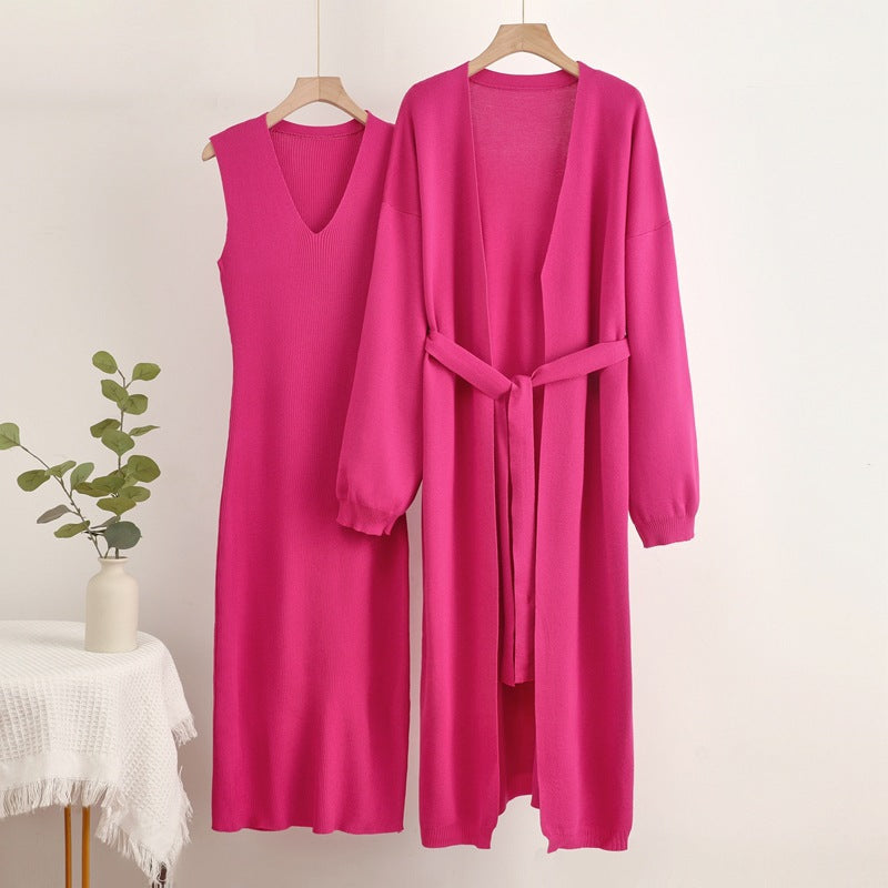 2-Piece V-Neck Dress and Cardigan Set